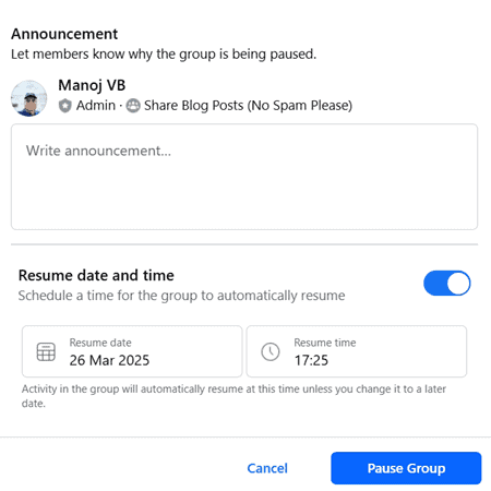 facebook group pause