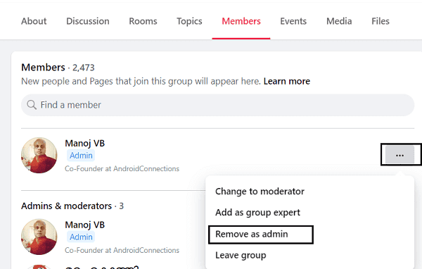 remove admin facebook group