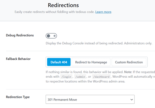 Redirections settings Redirections settings